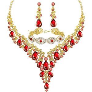 🆕Women Red Crystal Jewelry Statement Choker Necklace Earrings Bracelets Set